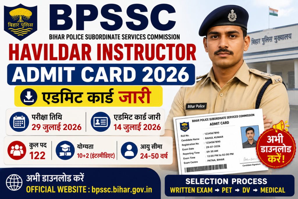 BPSSC Bihar Police Havildar Instructor Admit Card 2026 Download Link, Exam Date 29 July 2026, Admit Card Released.