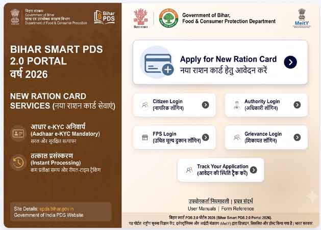 Bihar Smart PDS 2.0 Portal 2026 New Ration Card Online Apply